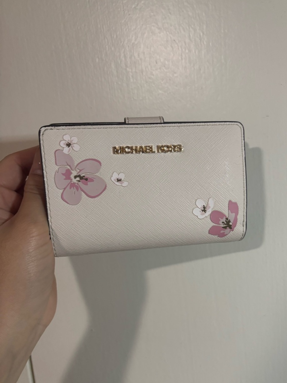 Michael Kors Cream Floral Compact Wallet with Pink Accents